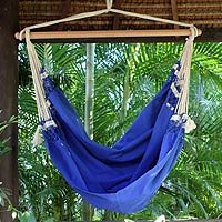 Cotton hammock swing, 'Copacabana' - Cotton Solid Blue Swing Hammock