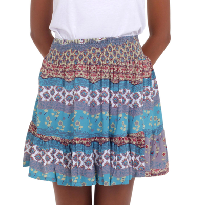 Rayon miniskirt, 'Morning in Paradise' - Turquoise and Grey Rayon Skirt from Indonesia
