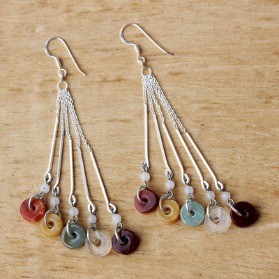 Jade and quartz waterfall earrings, 'Earthy Blend' - Multicolored Quartz and Jade Waterfall Earrings