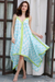 Maxi-Sommerkleid aus Baumwolle, „Haven of Leaves“ – Langes Baumwoll-Sommerkleid mit türkisfarbenem, weißem und grünem Blattdruck