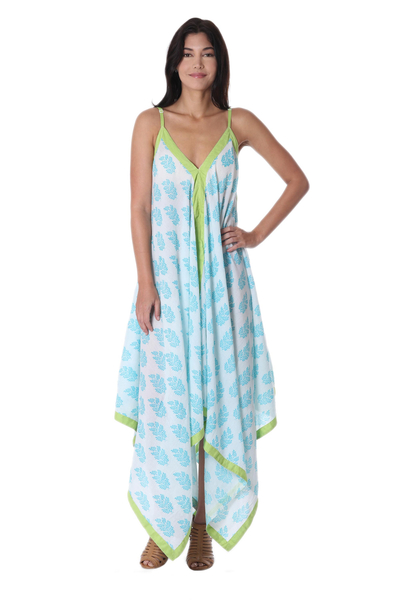 Maxi-Sommerkleid aus Baumwolle, „Haven of Leaves“ – Langes Baumwoll-Sommerkleid mit türkisfarbenem, weißem und grünem Blattdruck