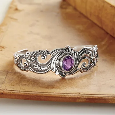 Amethyst cuff bracelet, 'Regal Ivy' - Amethyst and Sterling Silver Cuff Bracelet