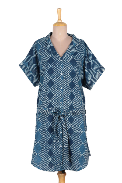 Block-printed cotton shirtdress, 'Indigo Zigzags' - Block-Printed Cotton Shirtdress in Indigo from India