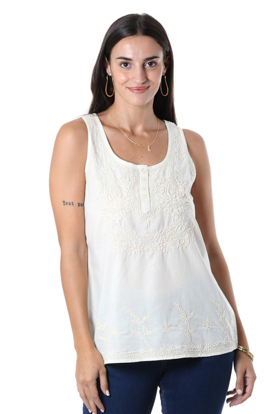 Cotton embroidered tank top, 'Casual Elegance' - Ivory Sleeveless Cotton Top with Chikankari Embroidery