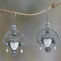 Cow bone and peridot pendant earrings, 'Queen of Plumeria'
