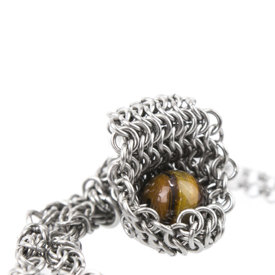 Tiger's eye statement necklace, 'Cradled Orb' - Brazilian Tiger's Eye and Stainless Steel Statement Necklace