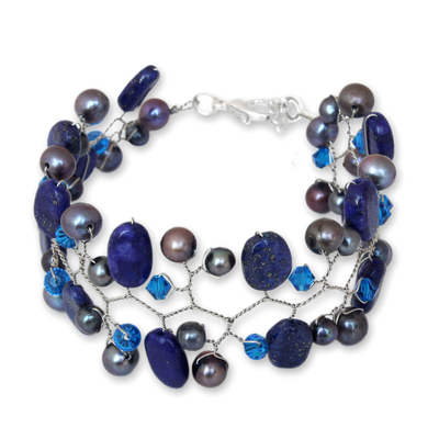 Cultured pearl and lapis lazuli beaded bracelet, 'Blue Glam' - Cultured Pearl and Lapis Lazuli Beaded Bracelet