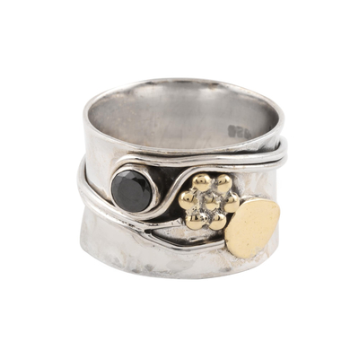 Onyx band ring, 'Graceful Midnight' - Floral Onyx Band Ring Crafted in India