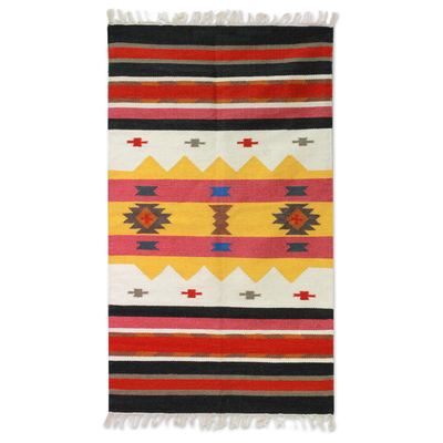 Wool dhurrie rug, 'Winter Feast' (3x5) - Unique Multicolor Wool Accent Rug Handmade in India (3x5)
