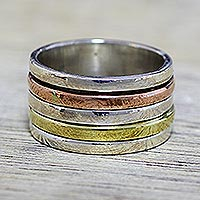 Sterling silver meditation spinner ring, 'Sleek Simplicity' - Simple Sterling Silver Copper and Brass Indian Spinner Ring