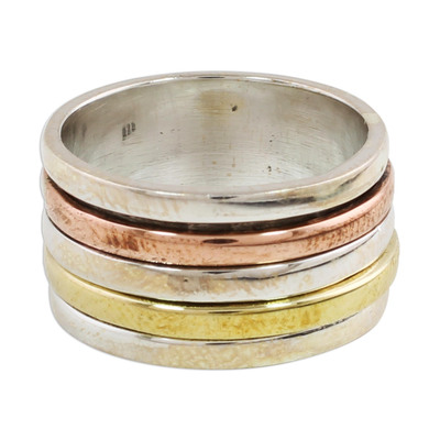 Simple Sterling Silver Copper and Brass Indian Spinner Ring