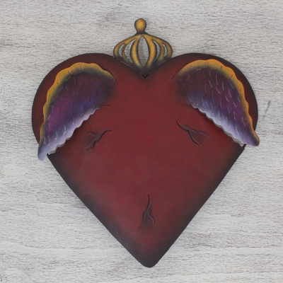 Steel wall art, 'A Heart Takes Wing' - Steel Heart with Wings Sculpture for the Wall