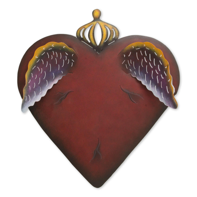 Steel wall art, 'A Heart Takes Wing' - Steel Heart with Wings Sculpture for the Wall