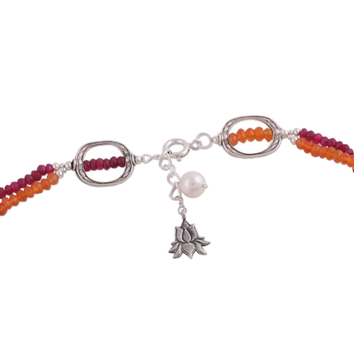 Ruby and carnelian beaded necklace, 'Lotus Fire' - Ruby Carnelian and Cultured Pearl Beaded Necklace from India