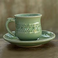Celadon ceramic cup and saucer, 'Rice Field' - Celadon Ceramic Cup and Saucer