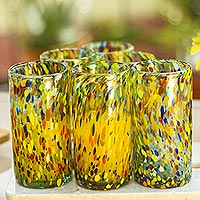 Blown glass tumblers, 'Lime Rainbow Raindrops' (set of 6) - Hand Crafted Blown Glass Tumblers (set of 6)