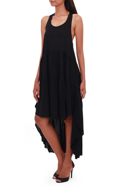 Vestido de verano de rayón alto-bajo, 'Black Beauty' - Vestido de verano largo de rayón alto-bajo con espalda cruzada de Bali