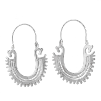 Sterling silver hoop earrings, 'The Plumed Serpent' (2 inch) - Unique Sterling Silver Hoop Earrings