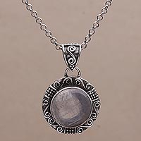 Rainbow moonstone pendant necklace, 'Temple Mirror' - Rainbow Moonstone and Sterling Silver Necklace from Bali