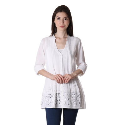 Cotton blouse, 'Hakoba in White' - Eyelet Pattern Cotton Blouse in White from India