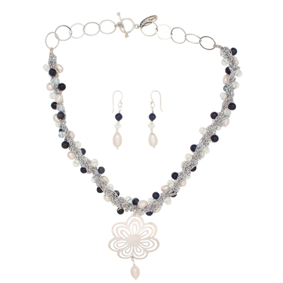 Cultured pearl and lapis lazuli jewelry set, 'Essence of Rose' - Multi Gemstone Necklace and Earring Set from Mexico