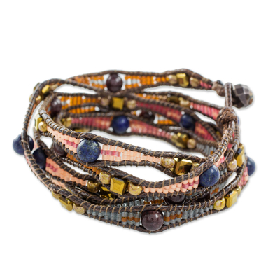 Garnet and lapis lazuli beaded wrap bracelet, 'Stones of Destiny' - Garnet and Lapis Lazuli Beaded Wrap Bracelet from Guatemala