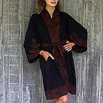 Indonesian Floral Batik Printed Black and Cocoa Short Robe, 'Bewitching Blossom'