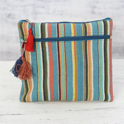 Cotton cosmetic bag, 'Voyage' - Multicolored Striped Hand Woven Cotton Cosmetic Bag