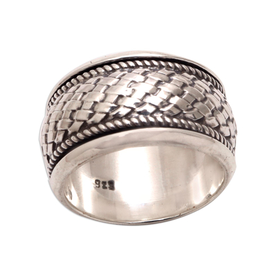 Sterling silver band ring, 'Basketweave' - Handmade Woven Sterling Silver Band Ring from Bali