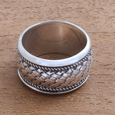 Sterling silver band ring, 'Basketweave' - Handmade Woven Sterling Silver Band Ring from Bali