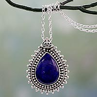 Lapis lazuli pendant necklace, 'Blue Antiquity' - Lapis Lazuli Necklace from India Crafted with 925 Silver