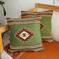 Zapotec wool cushion covers, 'Traditional Diamonds in Green' (pair) - Avocado Green Star Motif Wool Cushion Covers (Pair)