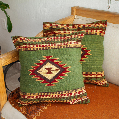 Zapotec wool cushion covers, 'Traditional Diamonds in Green' (pair) - Avocado Green Star Motif Wool Cushion Covers (Pair)