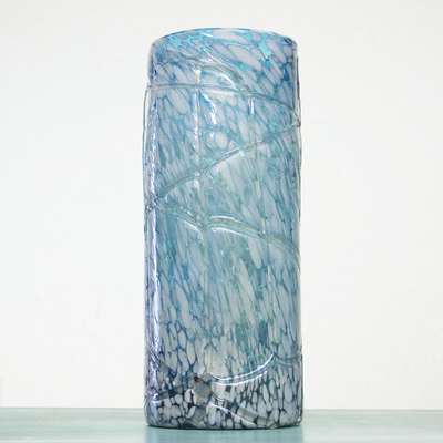 Blown glass vase, 'Blue Water Cylinder' (large) - Hand Blown Glass 15-Inch Modern Mexican Vase