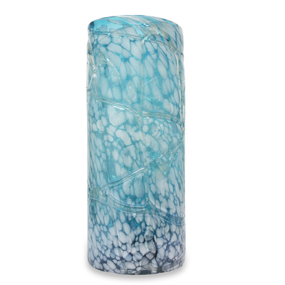 Blown glass vase, 'Blue Water Cylinder' (large) - Hand Blown Glass 15-Inch Modern Mexican Vase