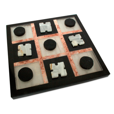 Marble tic-tac-toe set, 'Rose on Black' - Marble Tic Tac Toe Board Game from Mexico