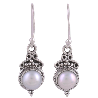 Cultured pearl dangle earrings, 'Glossy Charm' - Cultured Pearl Sterling Silver Dangle Earrings from India