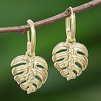 Gold plated sterling silver dangle earrings, 'Tropical Leaf' - Handcrafted Thai Gold Plated Dangle Earrings