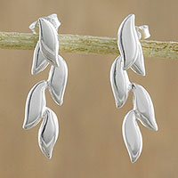 Sterling silver drop earrings, 'Floating Leaves' - 925 Sterling Silver Leaves Post Drop Earrings