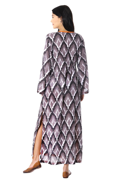 Cotton maxi dress, 'Flames of Grey' - Grey and White Print 100% Cotton Long Sleeve Maxi Dress