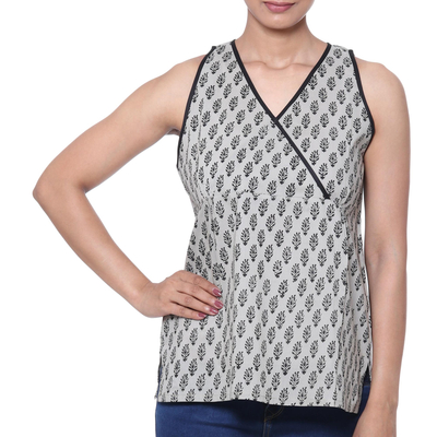 Cotton blouse, 'Summer Sage' - Block-Printed Cotton Blouse in Sage and Black from India