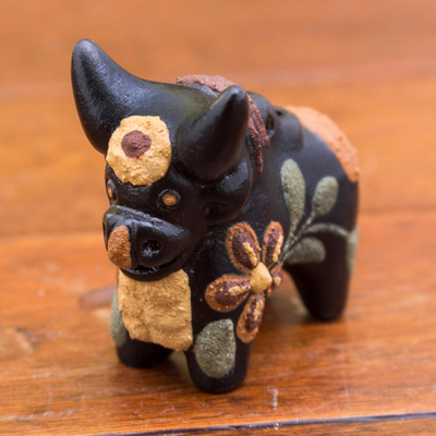 Ceramic figurine, 'Little Matte Pucara Bull' - Hand Painted Matte Ceramic Floral Bull Black from Peru