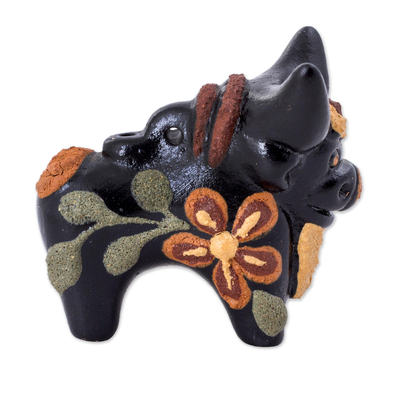 Ceramic figurine, 'Little Matte Pucara Bull' - Hand Painted Matte Ceramic Floral Bull Black from Peru
