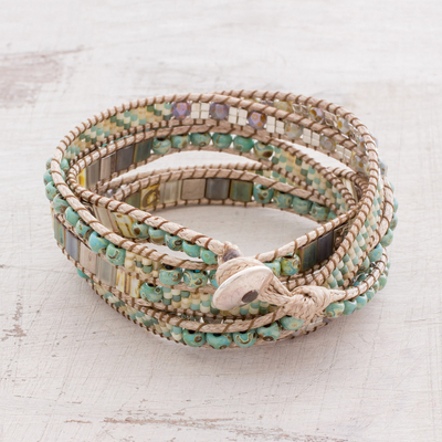 Glass beaded wrap bracelet, 'Line of Time' - Handcrafted Glass Beaded Wrap Bracelet from Guatemala