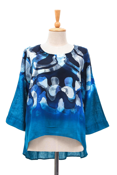 Cotton batik blouse, Lanna Melange in Blue
