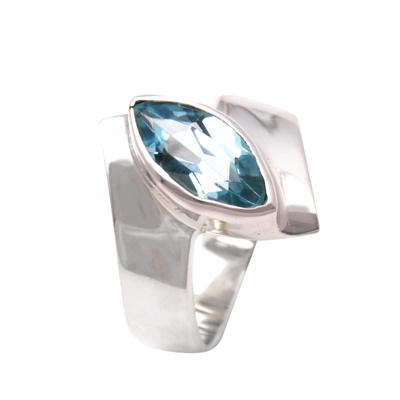 Blue topaz cocktail ring, 'Marquise Ocean' - Marquise Blue Topaz Cocktail Ring from Bali