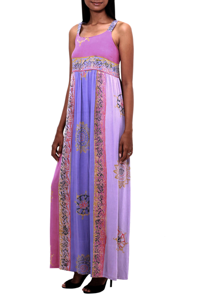 Batik-Rayon-Sommerkleid, „Balinese Cover“ – Fuchsia und Lila Batik-Rayon-Sommerkleid aus Bali