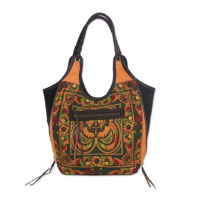 Leather accent embroidered shoulder bag, 'Sunny Pheasants' - Embroidered Birds and Flowers on Thai Shoulder Bag