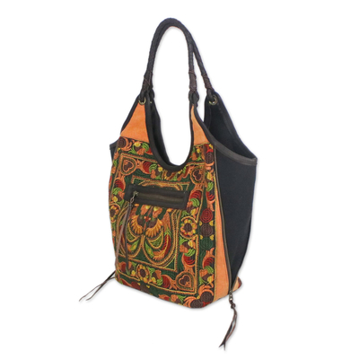 Leather accent embroidered shoulder bag, 'Sunny Pheasants' - Embroidered Birds and Flowers on Thai Shoulder Bag