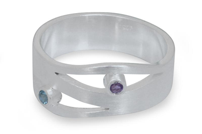 Amethyst and blue topaz band ring, 'Revelations' - Amethyst and Blue Topaz Silver Ring